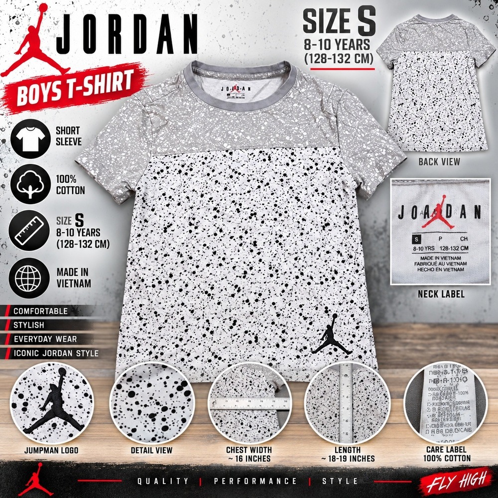Jordan Boys T-Shirt Size S 8-10 Gray White Splatter Jumpman Logo 100% Cotton